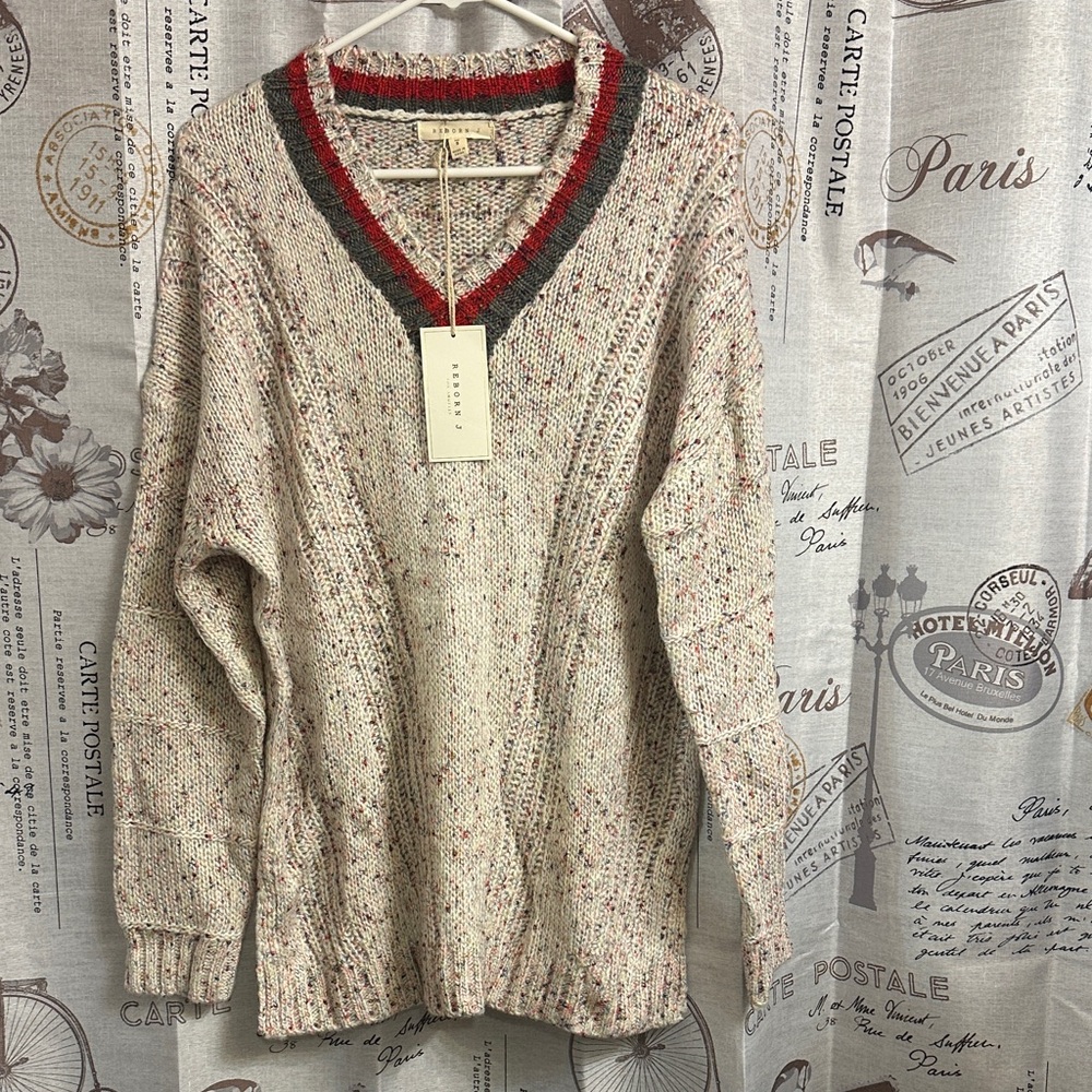 Reborn J Women's V-Neck Sweater - Cream with Red and Gray Accents NWT